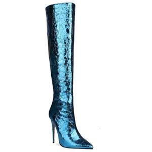 Blue Mirror Boots Over-the-knee High Heel Boots with Back Zipper